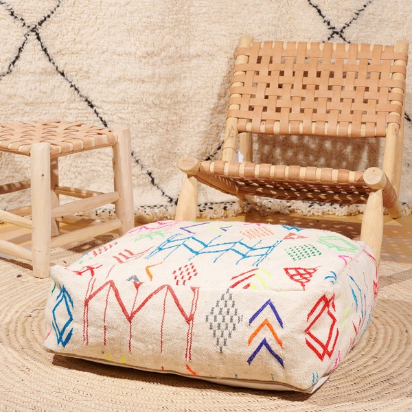 Pouf de sol abstrait fait main, pouf de sol carré berbère Beni Ourain, coussin de méditation yoga, oreiller extérieur/intérieur fabriqué au Maroc