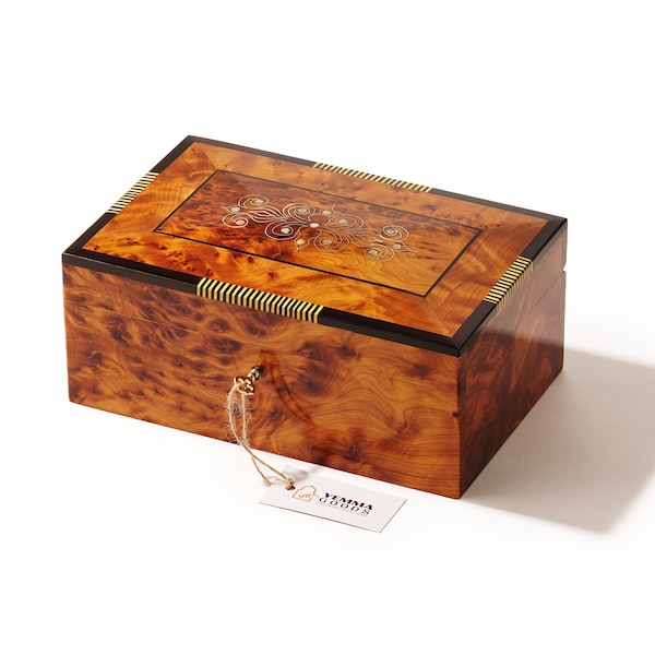 10"x7 » Grande boîte à bijoux / souvenirs en bois Thuya, boîte à bijoux en bois de ronce verrouillable, incrustée de nacre, de métal et de cèdre, idée cadeau