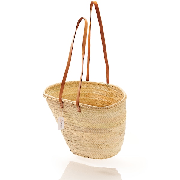 Straw Bag Long Flat Leather Handle French Basket - Moroccan Handmade Palm Leaf Straw Basket- Beach Bag Moroccan Market Basket