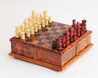 Thuya Wood Rotary Chess Board, Amazing Mechanism Folding Compartments Wooden Chess Board - Handmade from Thuya Burl and Cedar Wood