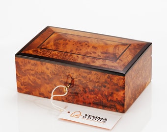 Handmade Thuya Wood Burl jewelry Box, Lockable Keepsake Memory Box, Gift For Her