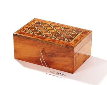 12"x8" Large Thuya Burl Jewelry Box Inlaid w/ Mother Of Pearl and Cedar accents, Big Handmade Keepsakes Memory Wooden Box