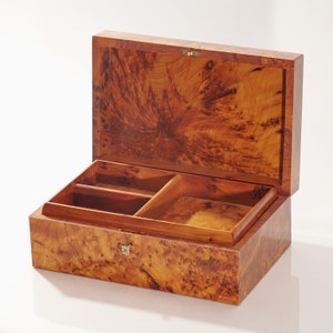 open thuya wooden burl veneer jewelry box with an upper tray divided into 3 compartments for easy organization