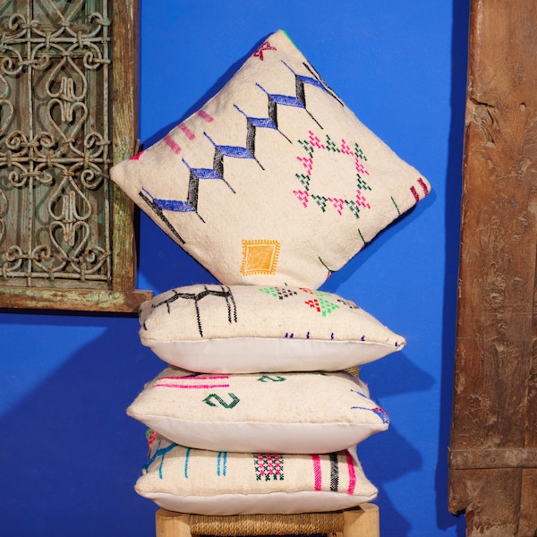 Set of 4 Handmade Beni Ourain Couch Pillows, Abstract Symbols Handmade Wool Cuchions, Moroccan Berber UNSTUFFED Pillows