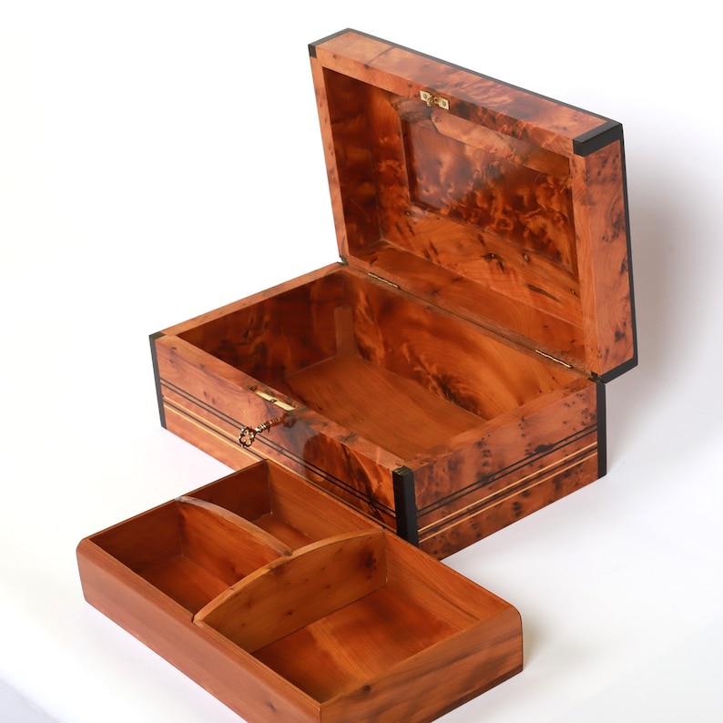 Open thuya wooden jewelry box with a divided upper tray featuring three compartments, and a large underneath storage space