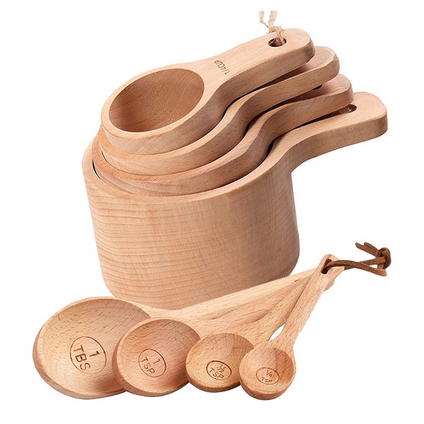 Baking Bundle, Wood Measuring Cups and Measuring Spoons Set of 8 Bundle - Handcrafted from Natural Beechwood - Gift For Bakers and Friends