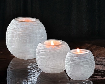 Set of 3 Selenite Crystal Sphere Candleholders - Natural Selenite - Crystals and Healing Stones - Handcarve Decorative Candle Holder