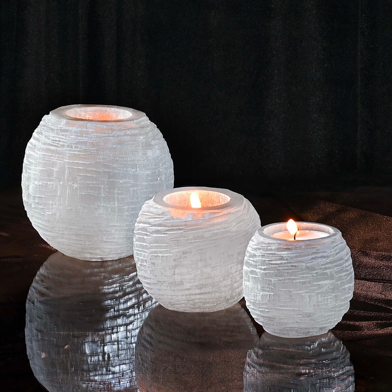 Set of 3 Selenite Crystal Sphere Candleholders Natural Selenite Crystals and Healing Stones Handcarve Decorative Candle Holder image 1