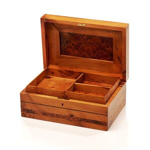 open thuya wood keepsake box with a removable tray divided into 3 compartments for easy organization