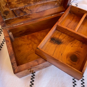 Handmade Moroccan thuya wooden jewelry box with removable upper tray divided into 3 compartments