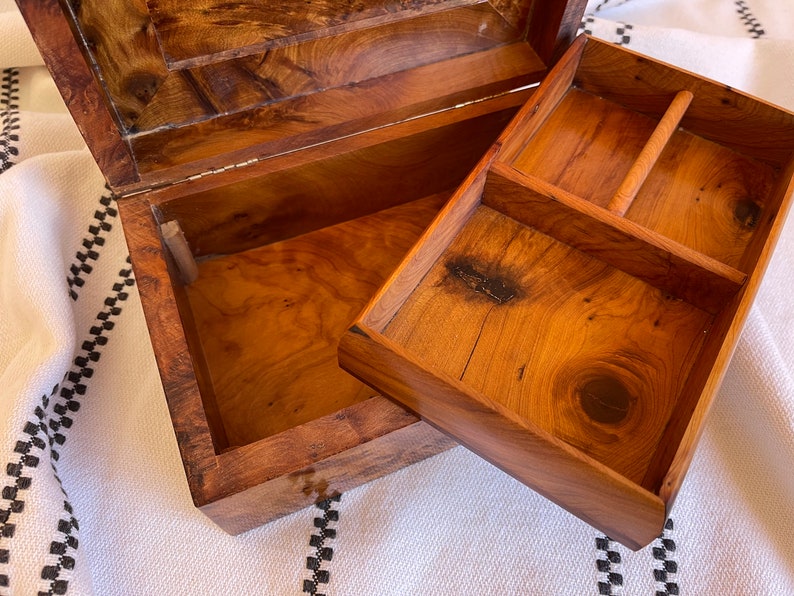 Handmade Moroccan thuya wooden jewelry box with removable upper tray divided into 3 compartments
