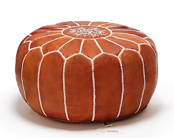 Genuine Leather Moroccan Pouf: Hand-stitched Boho Ottoman Cover