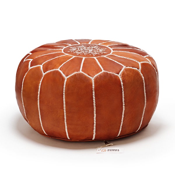 Genuine Leather Round Moroccan Pouf - Unstuffed Cover Ottoman Footstool - Boho Decor, Bohemian Living Room, Moroccan Vintage Decorative Pouf