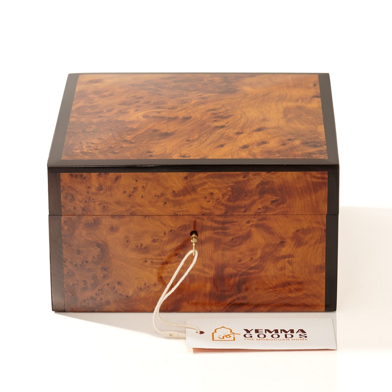 Moroccan Large 8x8 Thuya Burl wooden jewelry keepsake memory box, wedding memory box with lock and key, gift for her image 5