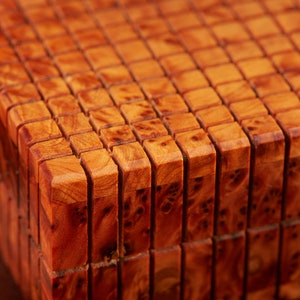 close up on Thuya Burl Wood Puzzle Box - Handcrafted Moroccan Artistry, Enigmatic Design with Secret Storage