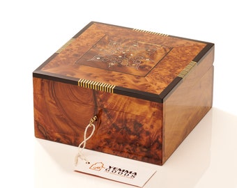 8"x8" Wood Jewelry Box, Moroccan Handmade Thuya Wood Burl Engraved Jewellery Box, Wedding Keepsake Memory Box, Watch Box For Men & Women