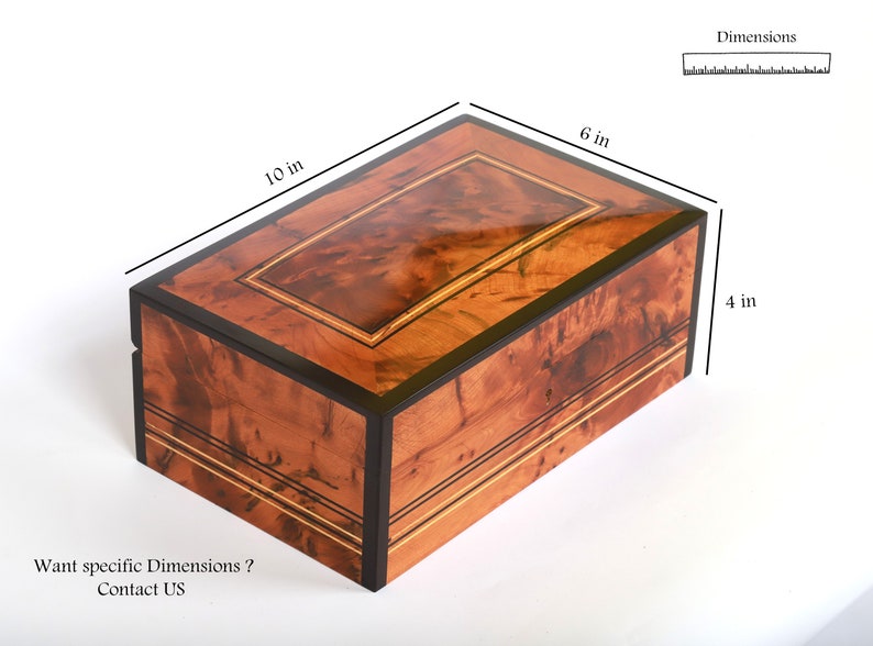 the dimensions of the thuya keepsake box, 10 inches length by 6 inches width and 4 inches height.