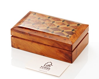 Rare Thuya Wood Burl Jewelry Organizer Box, Keepsake Thuja Box With Walnut and Cedar Wood Inlays - Wedding Gift - Birthday Gift Idea