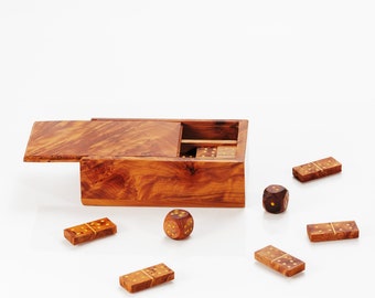 Thuya Wood Domino Set and Dice Box Handcrafted Gaming Accessory Perfect for Game Nights Gift Ready