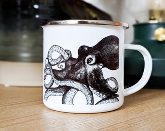 Taza de esmalte de pulpo, lata ilustrada para camping/viajes