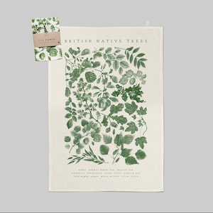May include: A white tea towel with a green print of various leaves and the text "BRITISH NATIVE TREES". The leaves are labelled with the names of the trees they represent, including alder, common beech, ash, English elm, hawthorn, blackthorn, hazel, holly, English oak, field maple, aspen, white willow, and silver birch.