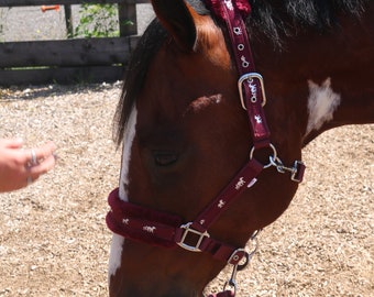 Equipride Horse Print Faux Lined Nylon Headcollars with Matching Lead Rope Burgundy