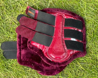 Equipride Brushing Boots for Horse Sparkly Glitter material Faux mink Lined Size XL to S Maroon
