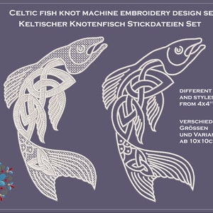 May include: Two white Celtic fish knot machine embroidery designs. The designs are in the shape of fish with intricate knotwork patterns. The text on the image reads "Celtic Fish Knot Machine Embroidery Design Set" and "Keltischer Knotenfisch Stickdateien Set". The text also states "Different sizes and styles from 4x4" and "verschiedene Grössen und Varianten ab 10x10cm".