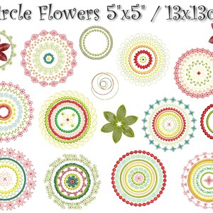 Könnte beinhalten: Set mit 12 bunten Kreisblumen-Stickmustern, jedes mit einem Durchmesser von 13 cm. Die Designs zeigen verschiedene Muster und Farben, darunter Rot, Grün, Gelb und Blau.