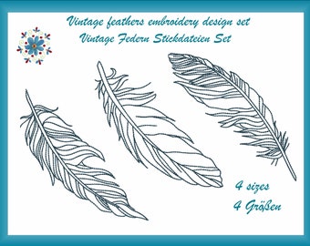 Filigree vintage feathers embroidery files set, incl. 4 sizes