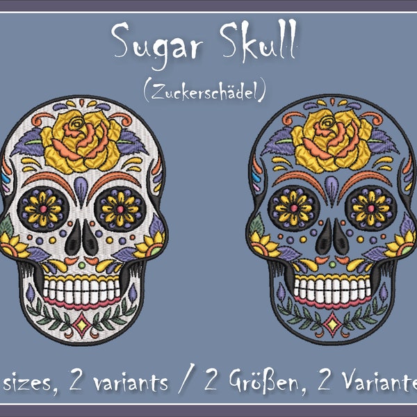 Sugar Skull Embroidery Files Set, avec 2 variantes en 2 tailles chacune