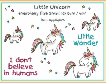 Little unicorn embroidery files set small up to 4x4" incl. appliqués