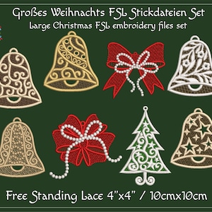May include: Set of eight 4 inch by 4 inch free-standing lace embroidery designs for Christmas. The designs include a bell, a bow, a Christmas tree, and a star. The designs are in white, gold, red, and green.
