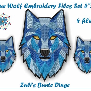 May include: A set of four embroidery files featuring a blue wolf head design. The wolf is depicted in a geometric style with a patchwork of blue and light blue shapes. The files are 5 inches by 7 inches.