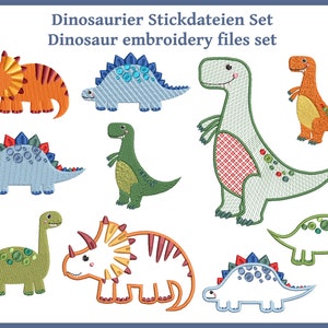 May include: Set of 8 dinosaur embroidery files. The designs include a green dinosaur with red spots, a blue dinosaur with red spikes, a green dinosaur with a long neck, a blue dinosaur with a long neck, a green dinosaur with a red and white checkered pattern, an orange dinosaur, a blue dinosaur with a yellow crest, and an orange dinosaur with a yellow crest.
