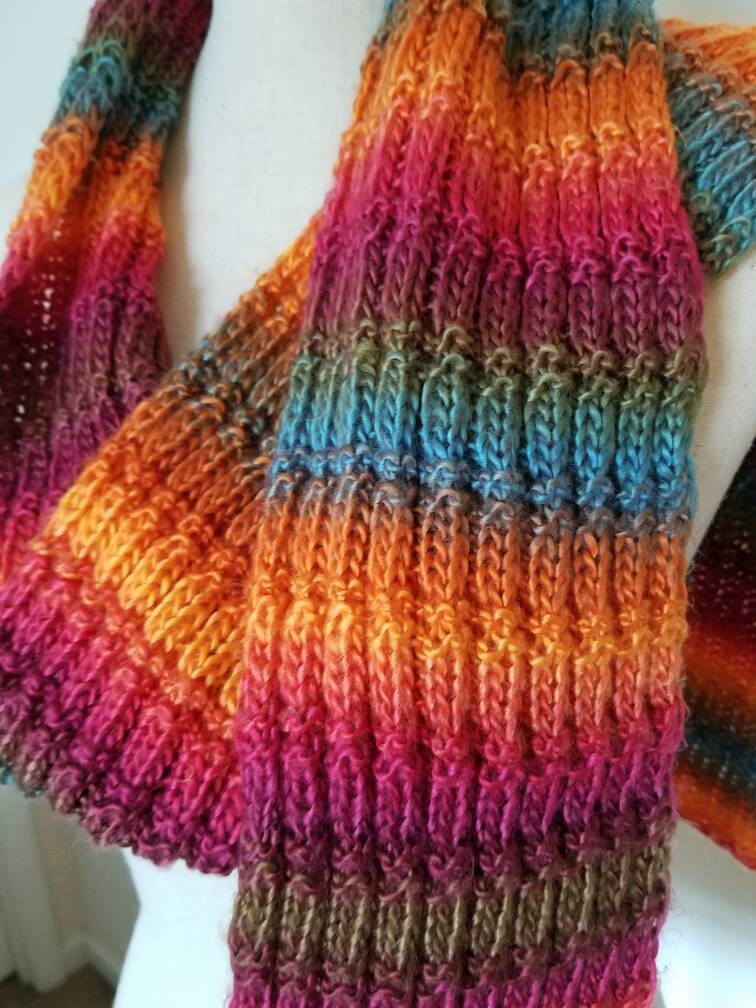 New jewel-toned light weight scarf. Full length hand knit | Etsy