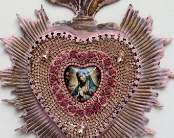 Sacred Heart Ex Voto with Virgin Mary – Handmade Catholic Milagro Heart Wall Hanging, Home Altar & Prayer Corner Decor