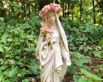 Handmade Virgin Mary Statue with Lilies