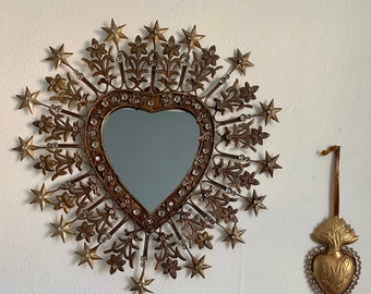 Gilded Metal Sacred Heart Mirror, Vintage Religious Decor (15.75")