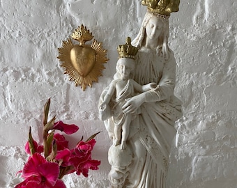 Estatua francesa antigua de la Virgen con el Niño / Arte sacro / Decoración para altar católico