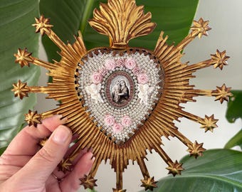 Sacred Heart Ex Voto with Virgin Mary – Devotional Wall Decor, Roses, Crystals