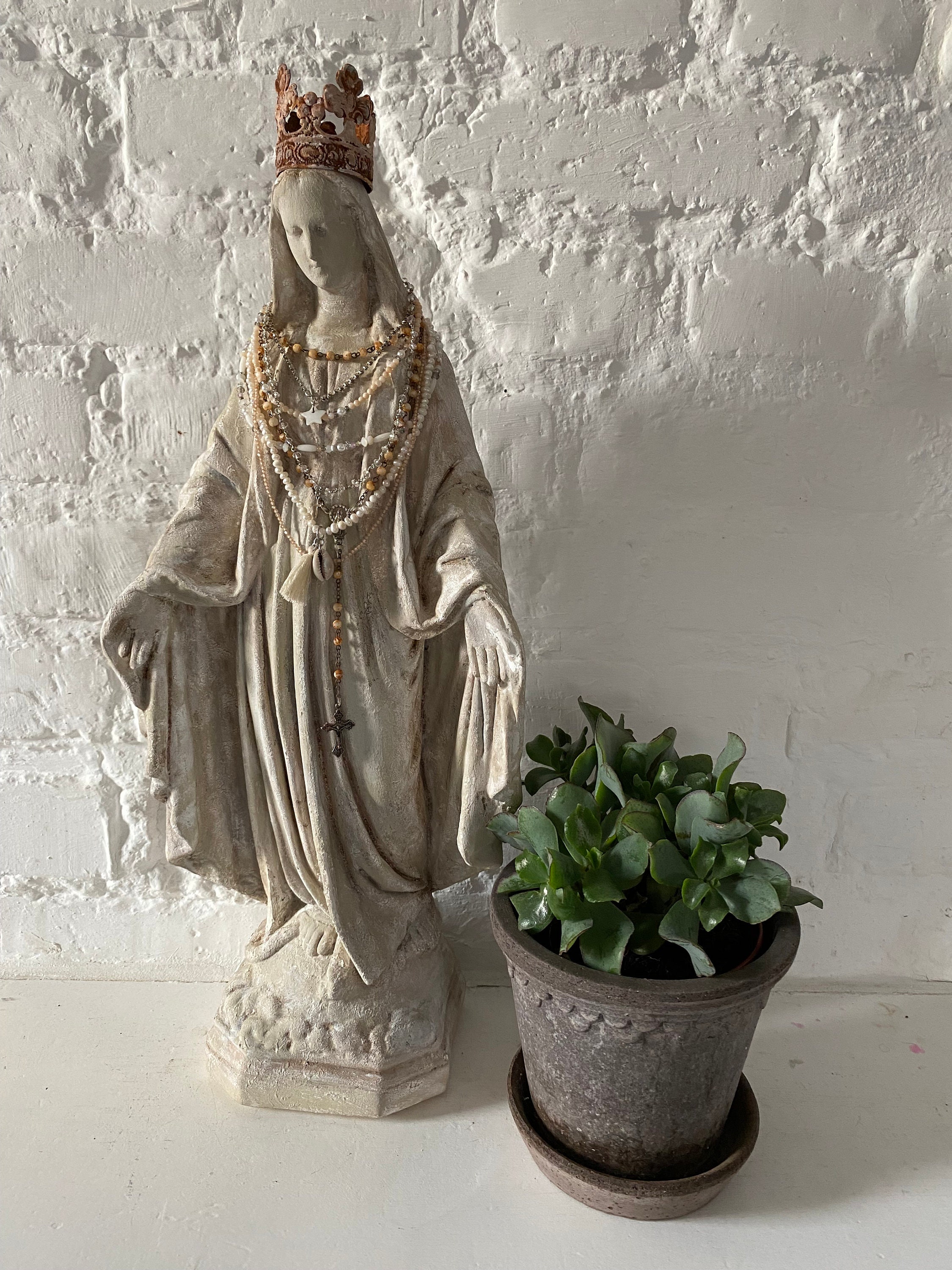 Large Virgin Mary Statue With Crown & Rosary | Catholic Home Altar Decor Handmade Religious Gift