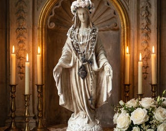 May include: A cream-coloured statue of the Virgin Mary, wearing a floral crown and layered necklaces, is set in a decorative alcove. Lit candles in brass holders flank the statue, with a bouquet of white roses in the foreground. The statue is a cream colour.