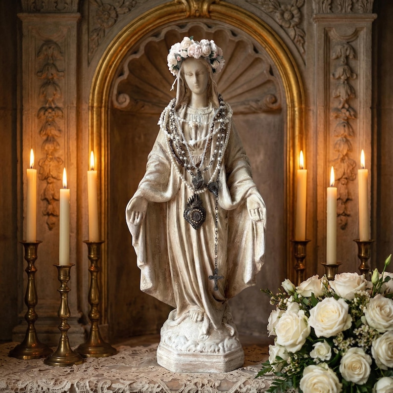 Puede incluir: Una serena estatua de la Virgen Mar&iacute;a, adornada con una corona floral y collares en capas, se encuentra en una alcoba decorativa. Velas encendidas en candelabros de lat&oacute;n flanquean la estatua, con un ramo de rosas blancas en primer plano. La estatua es de color crema.