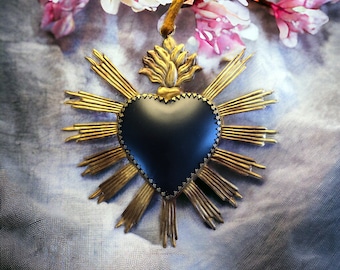 Black and Gold Sacred Heart Wall Ornament – French Gothic Ex Voto