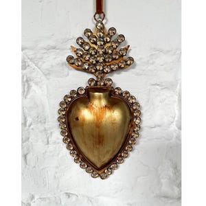 Sacred Heart Ex Voto Locket Ornament, Antiqued Gold Milagro