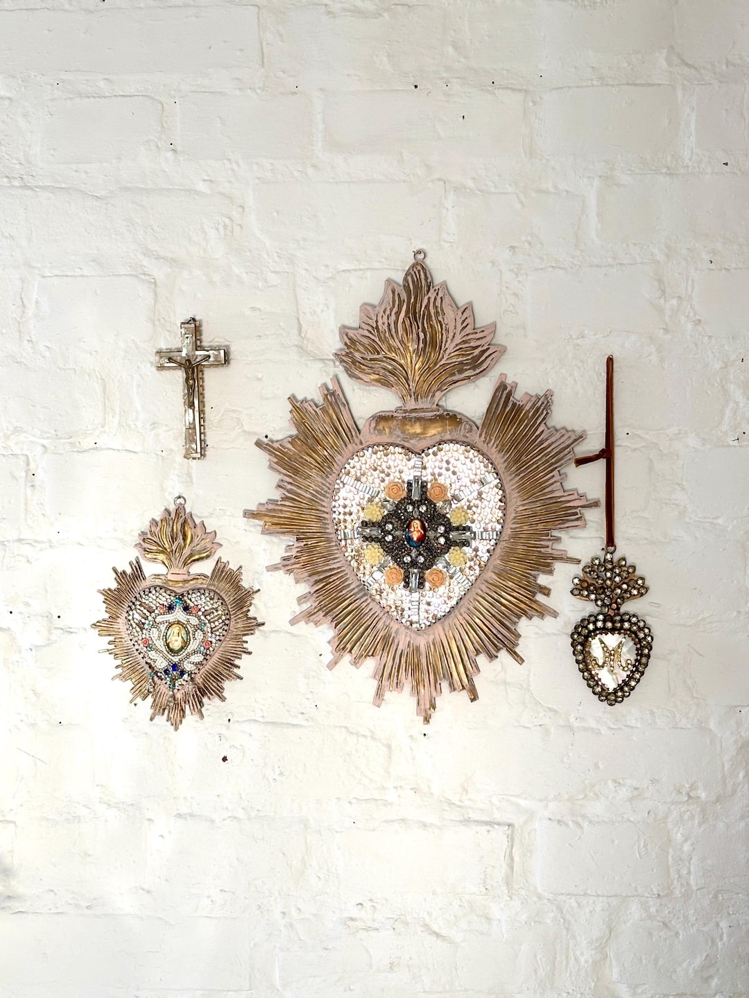 Large Sacred Heart Ex Voto Wall Hanging – Vintage Gold Catholic Home ...