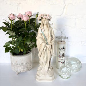 Handmade Virgin Mary Statue | Floral Crown, Vintage Catholic Decor