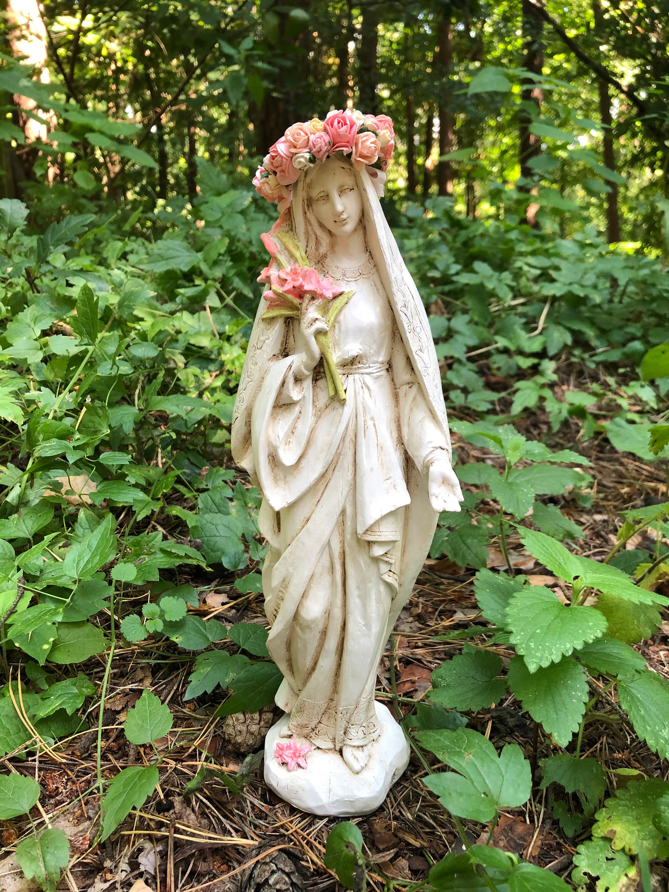 Artisan Virgin Mary Statue With Lilies | Vintage Sacred Art Figurine