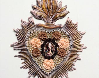 Sacred Heart Ex Voto with Virgin Mary | Rhinestone Milagro Wall Hanging